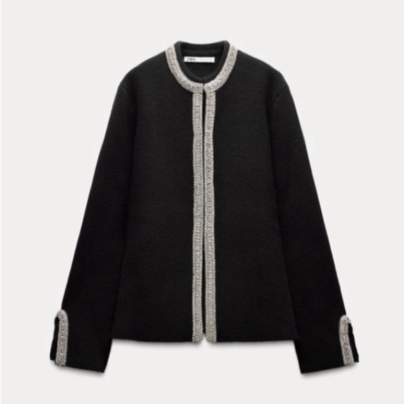 NWT Zara 100% Wool Elegant Black Jacket with Silver Accents - Picture 4 of 5